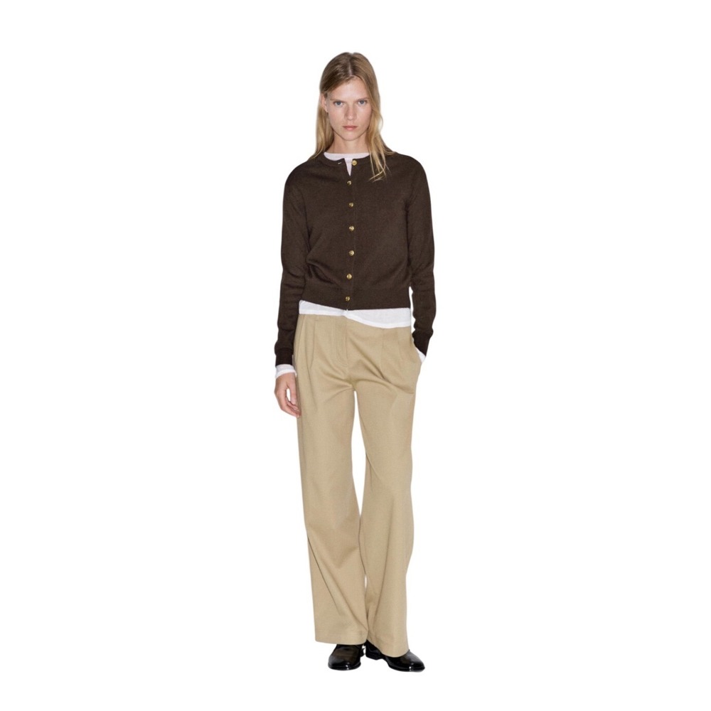 Massimo Dutti Olive Green Cardigan Button Front Crew Neck Pockets Knit M NWT